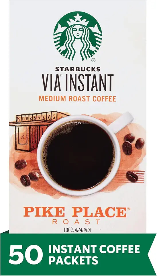 Starbucks VIA Instant Coffee, Medium Roast Coffee, Pike Place Roast, 100% Arabica, 1 box (50 packets)