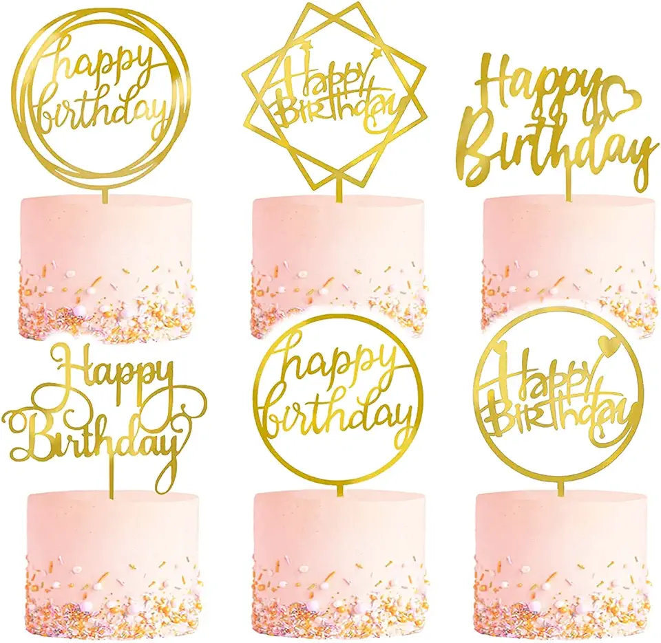 6-Pack Gold Birthday Cake Topper Set, Double-Sided Glitter, Acrylic Happy Birthday Cake Toppers/Cupcake Toppers, Birthday Decorations for Children or Adults.