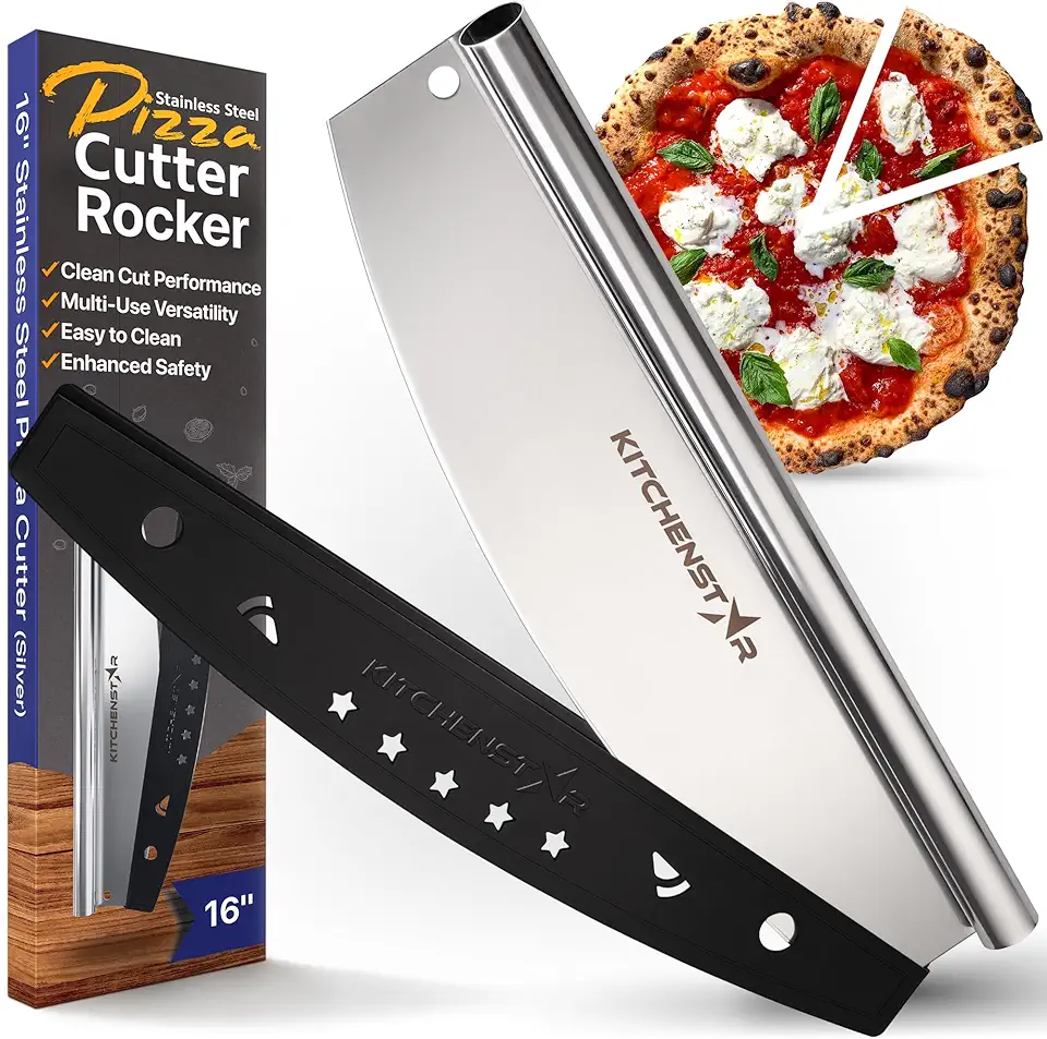 16&quot; Pizza Cutter Rocker Blade by KitchenStar - Sharp Stainless Steel Slicer Knife w Protective Cover, Dishwasher Safe Pizza Oven Accessories, Silver