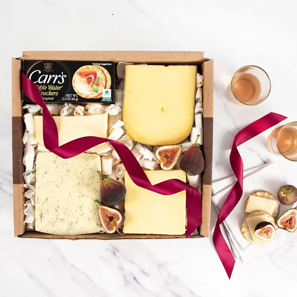 igourmet 4 Snacking Cheese Sampler for Everyone in Gift Box - Includes Australian Cheddar Cheese, Dutch Gouda Cheese, German Emmental Cheese, Dill Cream Havarti Cheese, and Crackers