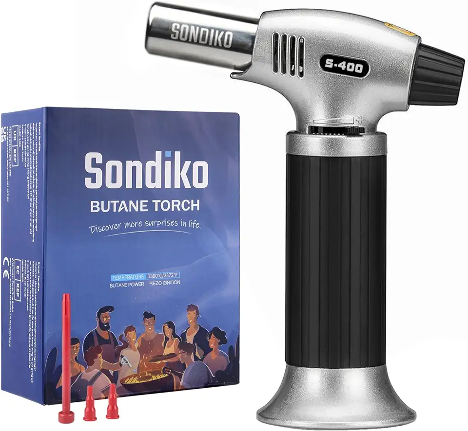 Sondiko Butane Torch S400, Refillable Kitchen Torch Lighter, Fit All Butane Tanks Blow Torch with Safety Lock and Adjustable Flame for Desserts, Creme Brulee, and Baking—Butane Gas Is Not Included