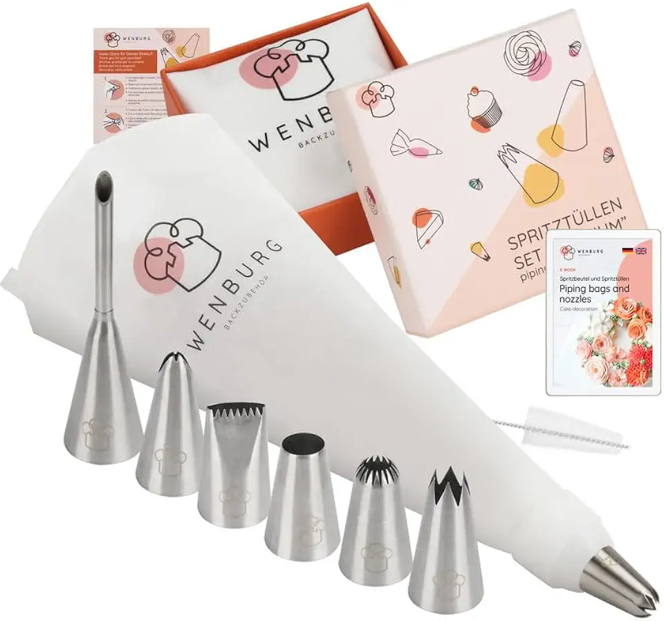 Wenburg Icing Bag with 7 Stainless Steel Flower Icing Tips, Large Cotton Icing Bag, and Coupler - Premium Cake Decorating Kit