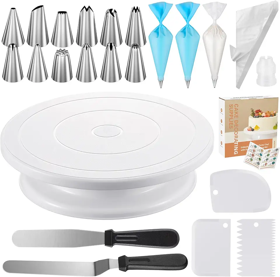 Kootek 71PCs Cake Decorating Supplies Kit with Revolving Cake Stand Turntable, 12 Numbered Icing Piping Tips, 2 Spatulas, 3 Icing Comb Scraper, 50+2 Piping Bags, and 1 Coupler for Baking