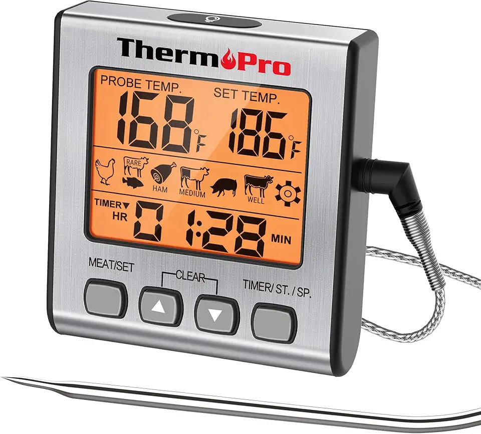 ThermoPro TP16S Digital Meat Thermometer Smoker Candy Food BBQ Cooking Thermometer for Grilling Oven Deep Fry with Smart Kitchen Timer Mode and Backlight