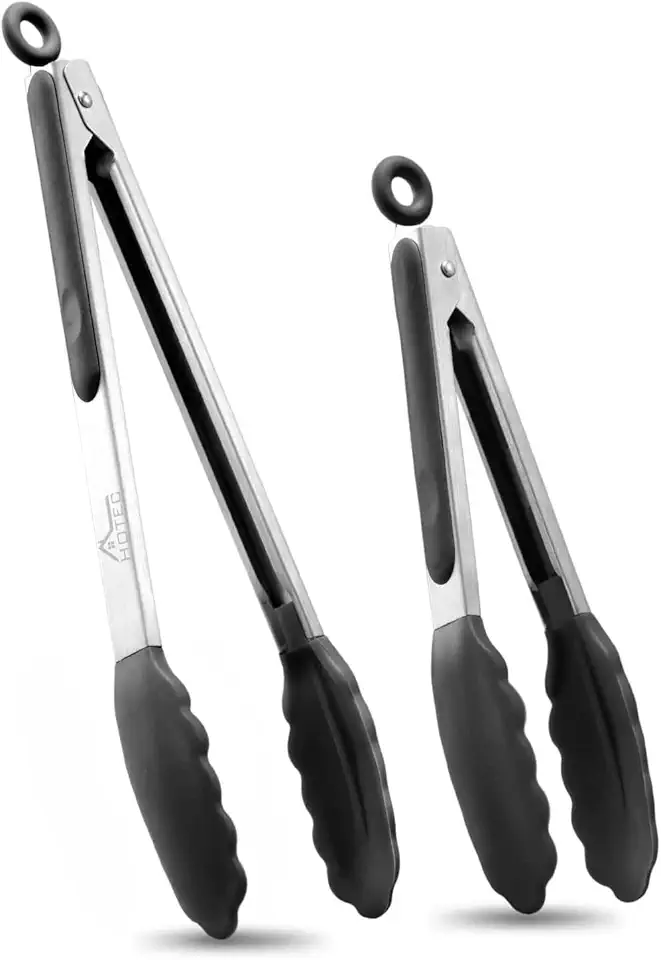 HOTEC Premium Stainless Steel Locking Kitchen Tongs with Silicon Tips, Set of 2-9&quot; and 12&quot;