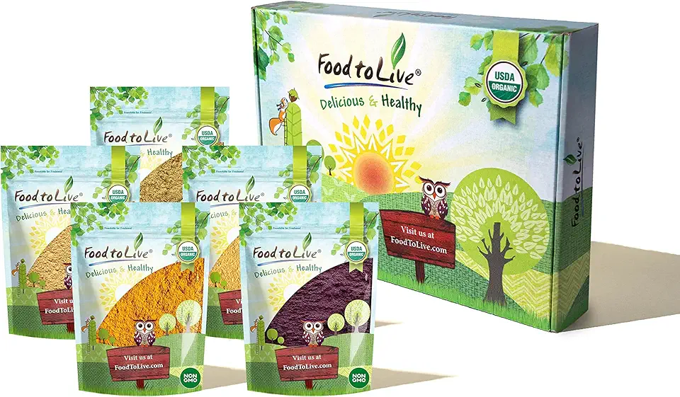 Food to Live Organic Super Powders in a Gift Box – Acai Berry Powder, Goji Berry Powder, Sacha Inchi Powder, Maca Powder, Mesquite Powder