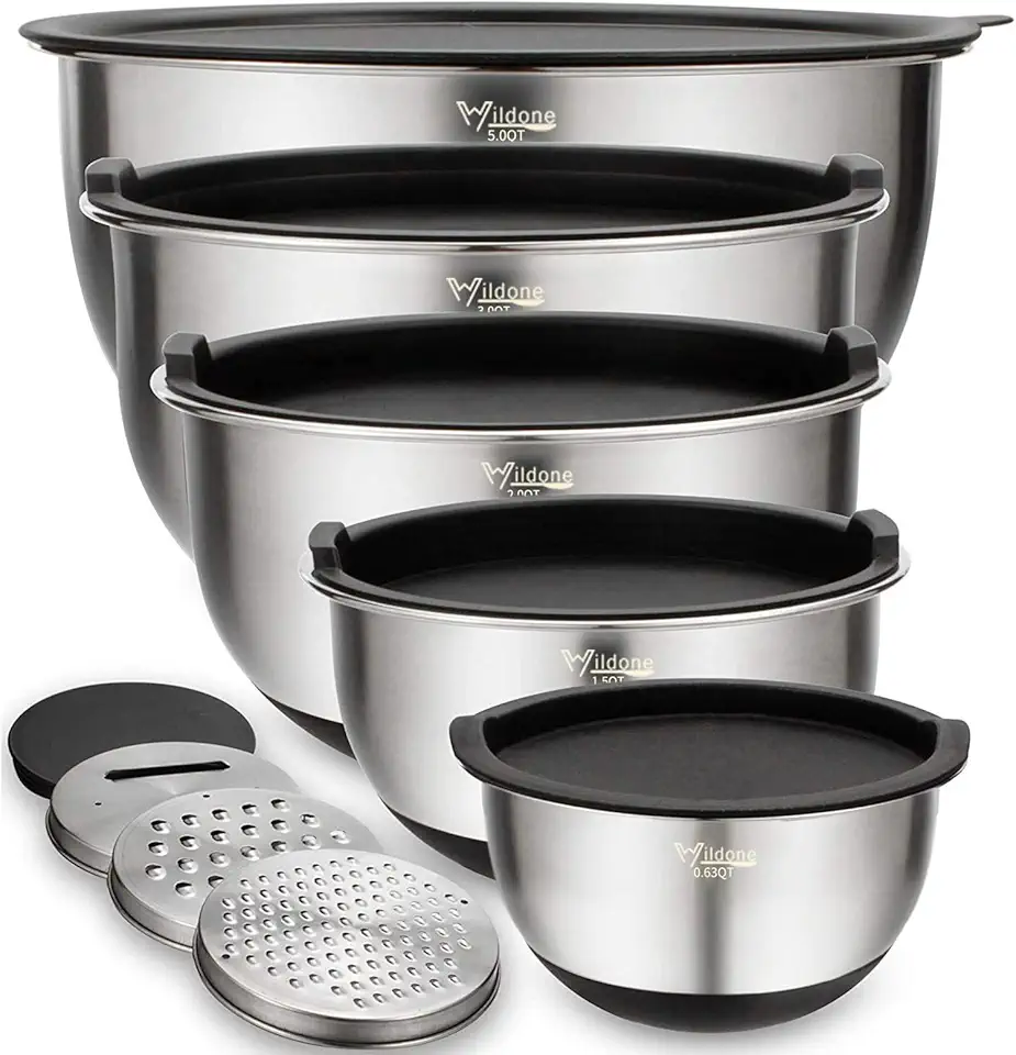 Wildone Mixing Bowls with Lids Set, 5PCS Stainless Steel Nesting Bowls with 3 Grater Attachments, Measurement Marks &amp; Non-Slip Bottoms, Size 5, 3, 2, 1.5, 0.63 QT, Great for Mixing &amp; Serving