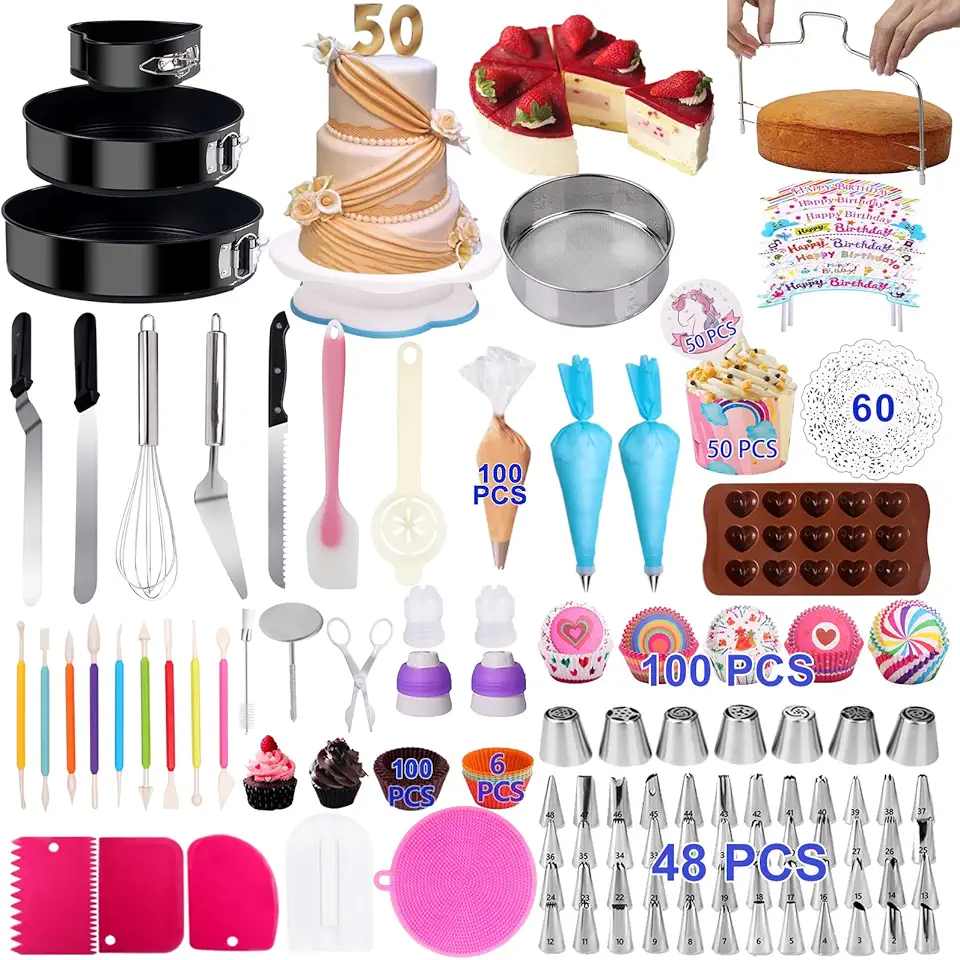 567 PCS Cake Decorating Kit Baking Supplies with 3 Springform Pans Set, Cake Decorating Supplies Rotating Turntable, Decorating Tools, Cake Baking Supplies Set for Beginners and Cake Lovers