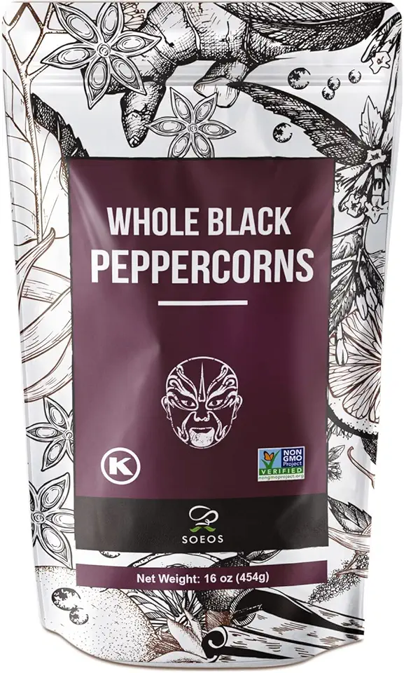 Soeos Black Peppercorns, 16oz (Pack of 1), Non-GMO, Kosher, Packed to Keep Peppers Fresh, Peppercorn for Grinder Refill, Whole Peppercorns