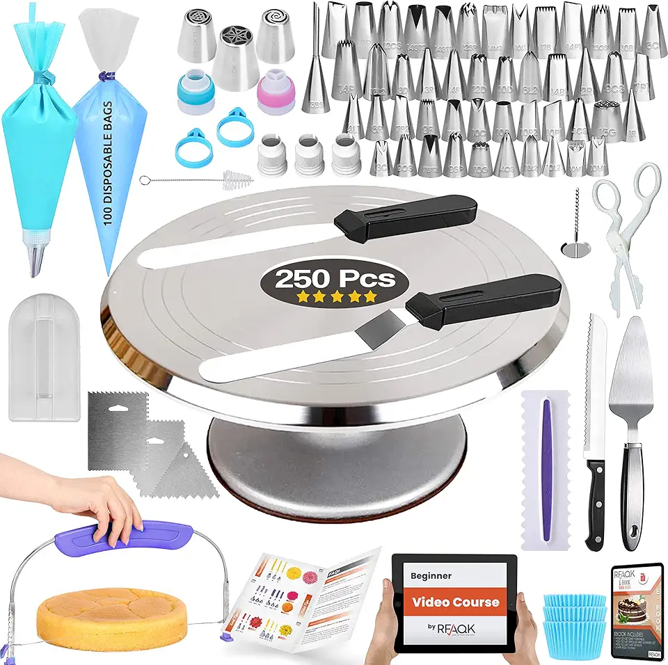 RFAQK 250 PCs Aluminum Cake Decorating Tools Kit with 12&quot; Metal Turntable &amp; Knife set-48 Numbered Icing Tips-3 Russian Piping Nozzles-Straight &amp; Angled Spatula-Cake Leveler&amp; Baking Supplies Tools