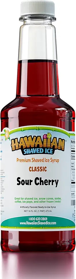 Hawaiian Shaved Ice Syrup Pint, Sour Cherry Flavor, Great For Slushies, Italian Soda, Popsicles, &amp; More, No Refrigeration Needed, Contains No Nuts, Soy, Wheat, Dairy, Starch, Flour, or Egg Products