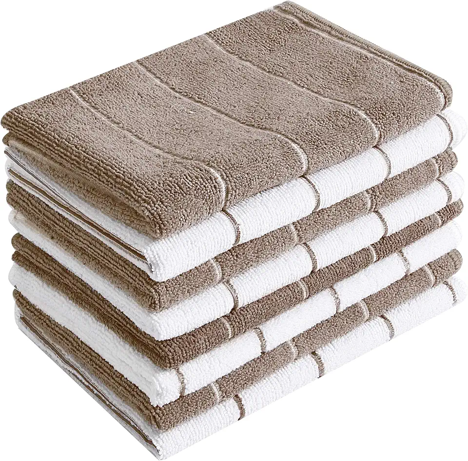 Microfiber Kitchen Towels - Super Absorbent, Soft and Solid Color Dish Towels, 8 Pack (Stripe Designed Brown and White Colors), 26 x 18 Inch