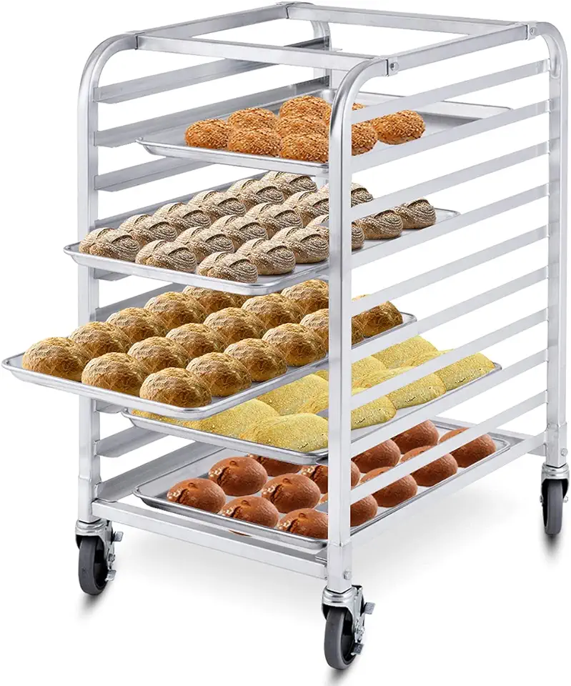 ReunionG 10 Tier Bun Pan Rack, Bakery Rack with 2 Lockable Wheels, 10 Sheet Aluminum Storage Cooling Trolley with Open Shelf, Dough Pizza Baking Mobile Rack for Home Commercial