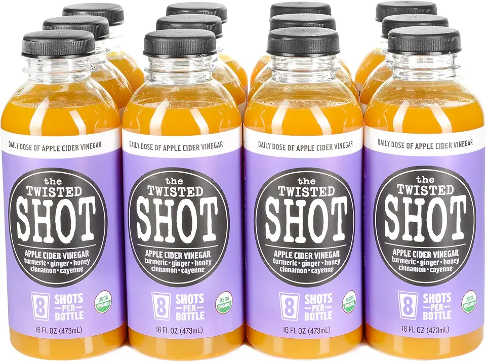 The Twisted Shot | Apple Cider Vinegar Shots with Turmeric, Ginger, Cinnamon, Honey &amp; Cayenne | Wellness Drink | 100% USDA Certified Organic | Gut Health | 12-Pack of 16oz Bottles