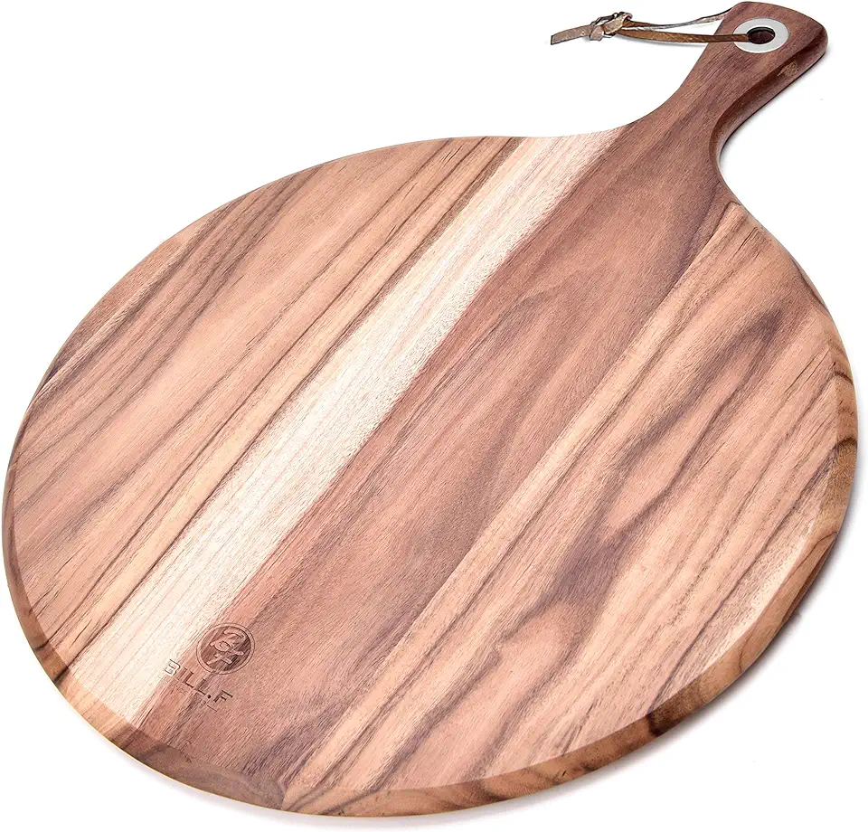 BILL.F Acacia Wood Pizza Peel,12” Cutting Board, Cheese Paddle Board, Bread and Crackers Platter for Serving and Minor Food Prepare with Handle - 16 x 12 x 0.5 Inch