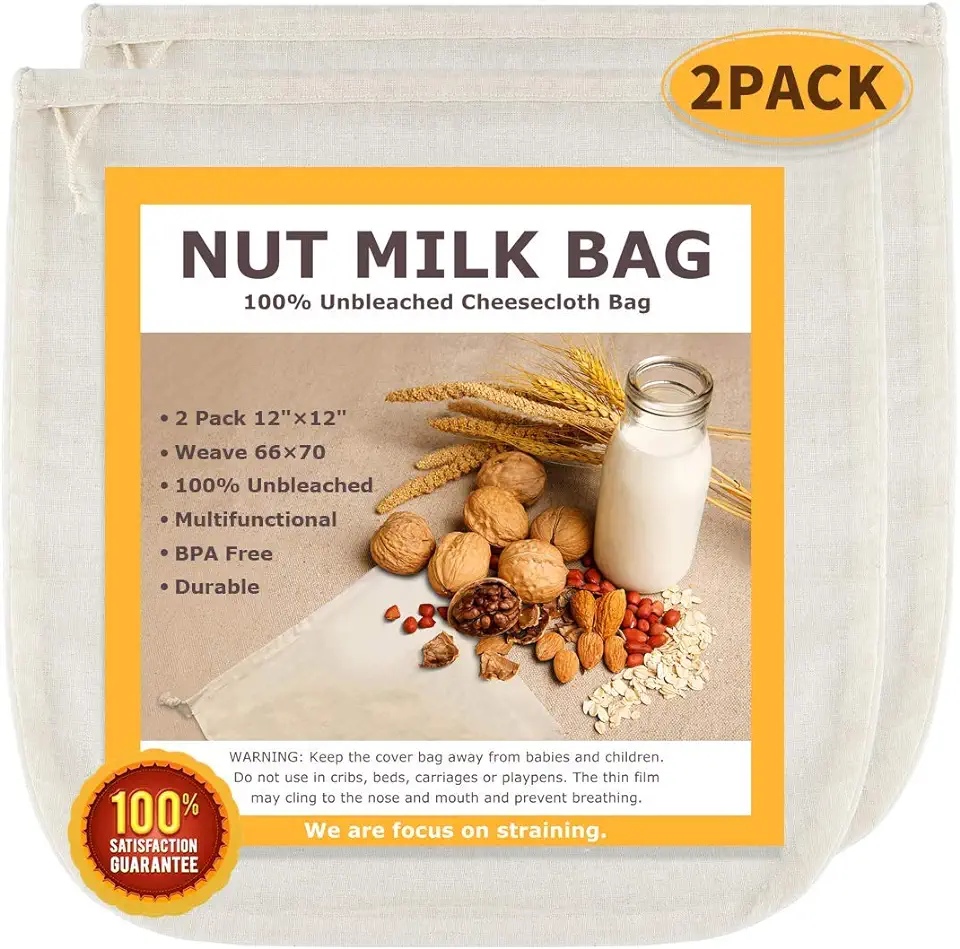 Nut Milk Bags, All Natural Cheesecloth Bags, 12&quot;x12&quot;, 2 Pack, 100% Unbleached Cotton Cloth Bags for Tea/Yogurt/Juice/Wine/Soup/Herbs, Durable Washable Reusable Almond Milk Strainer(Weave 66x70)