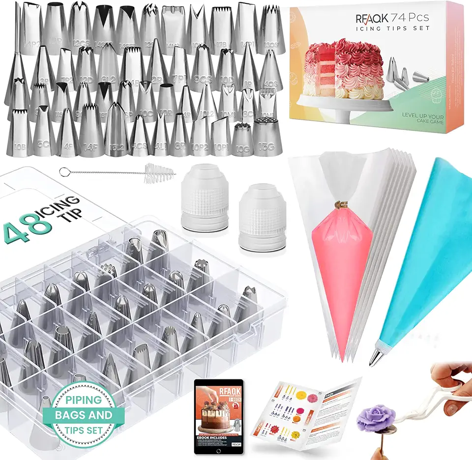 RFAQK 74 PCs Icing Piping Bags and Tips Set, Cake Decorating Kit with 48-Numbered Piping Tips, 20+1 Pastry Bags for Cookie Cupcake Cake Decoration, Cake Decorating Tips Set with Booklet and E-book