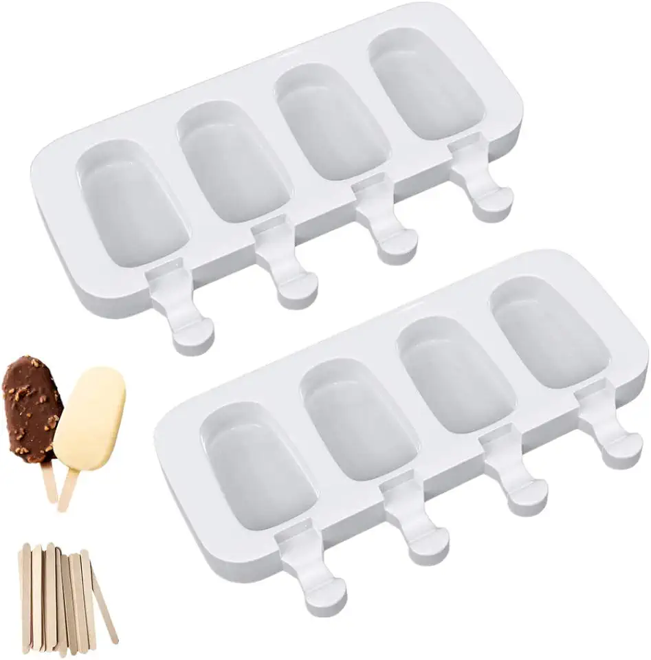 Ouddy Life Popsicle Molds Set of 2, Ice Pop Molds Silicone 4 Cavities Ice Cream Oval Cake Pop Mold with 50 Wooden Sticks for DIY Popsicle, Clear