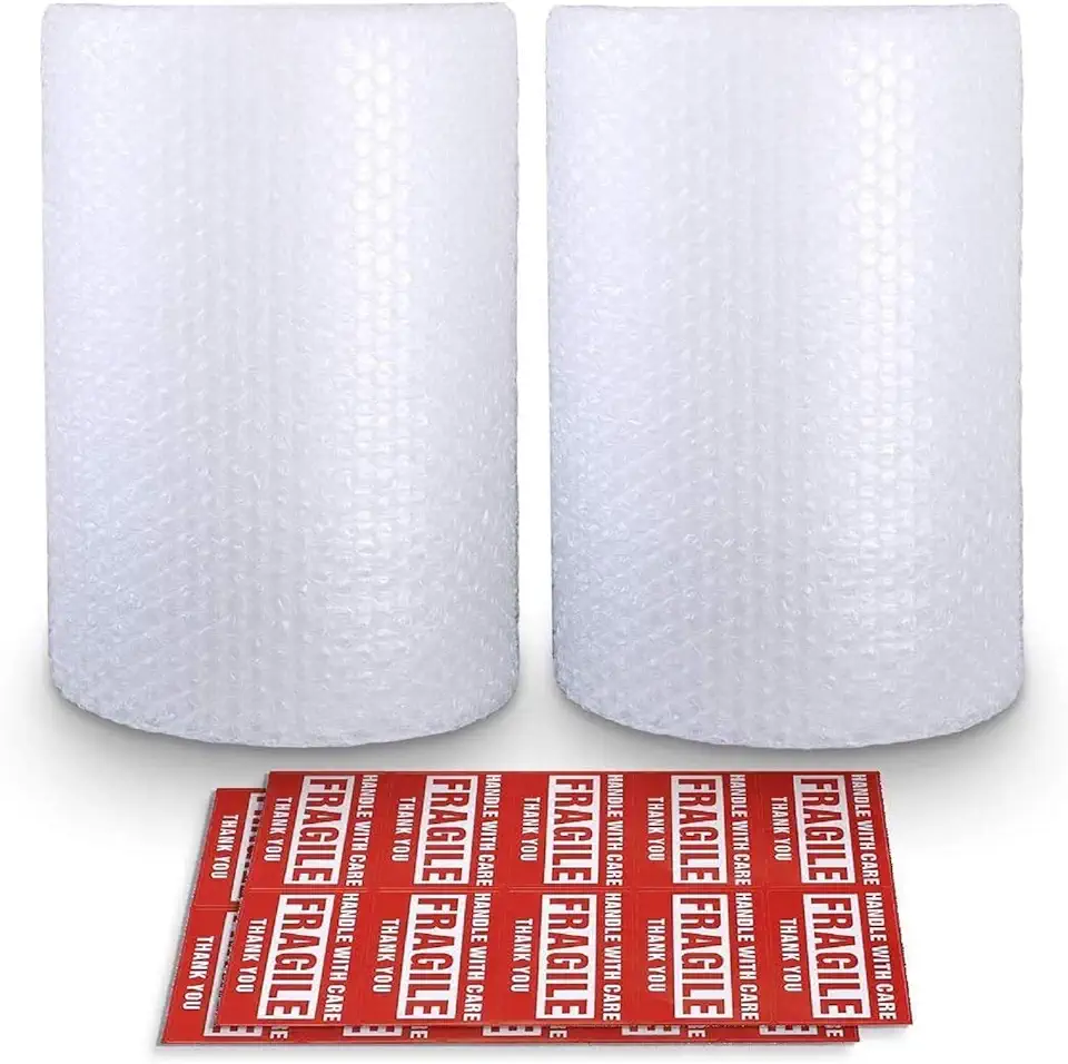 2-Pack Bubble Cushioning Wrap Rolls, 3/16&quot; Air Bubble, 12 Inch x 72 Feet Total, Perforated Every 12&quot;, 20 Fragile Stickers Included