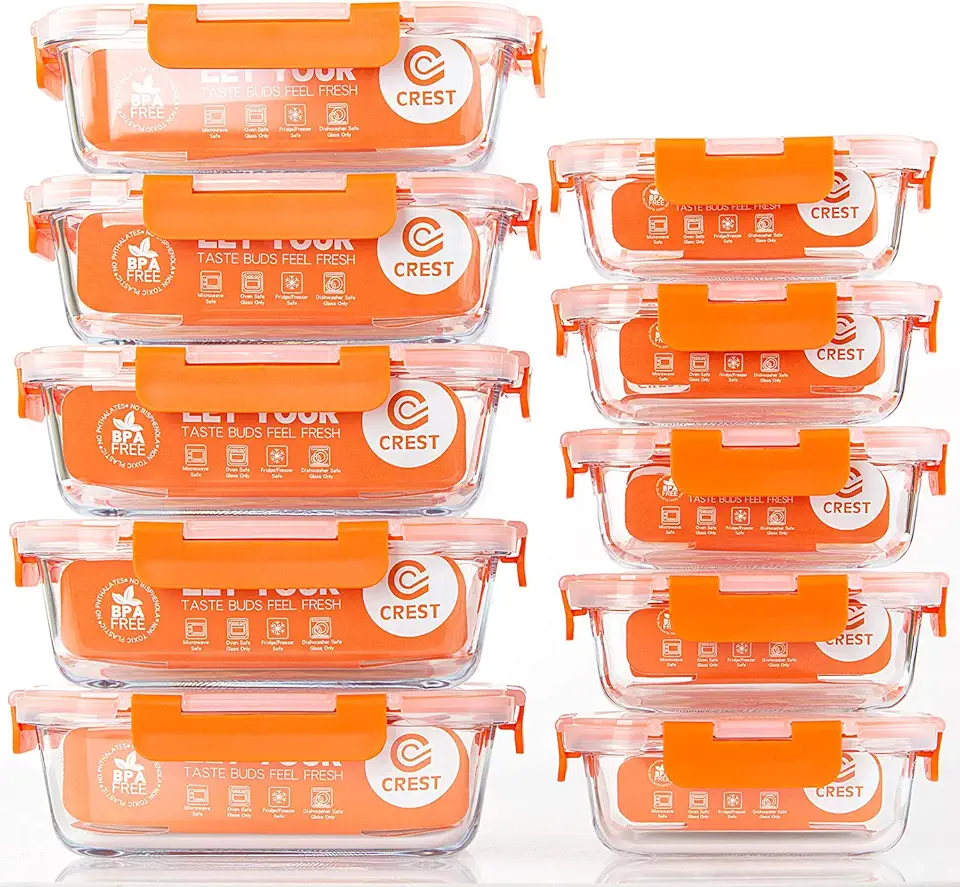 C CREST [10-Pack] Glass Food Storage Containers - Food Prep Containers with Lids - Microwave, Oven, Freezer and Dishwasher Safe