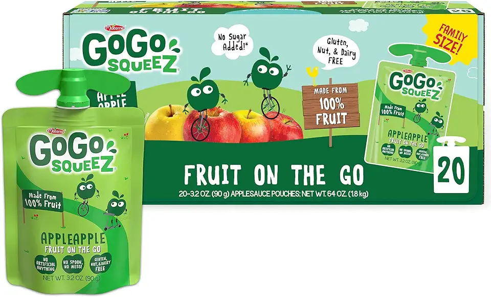 GoGo squeeZ Fruit on the Go, Apple Apple, 3.2 oz (Pack of 20), Unsweetened Fruit Snacks for Kids, Gluten Free, Nut Free and Dairy Free, Recloseable Cap, BPA Free Pouches