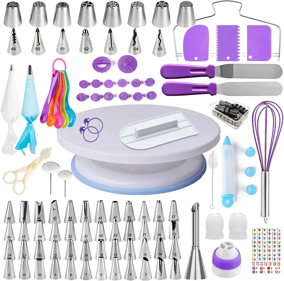 Boyun Cake Decorating Kit, Cake Decorating Supplies Include Revolving Cake Turntable, 2 Spatulas,3 Icing Comb Scraper, Leveler，Piping Bags and Tips Set Includes 64 Piping Tips with Book(Purple)