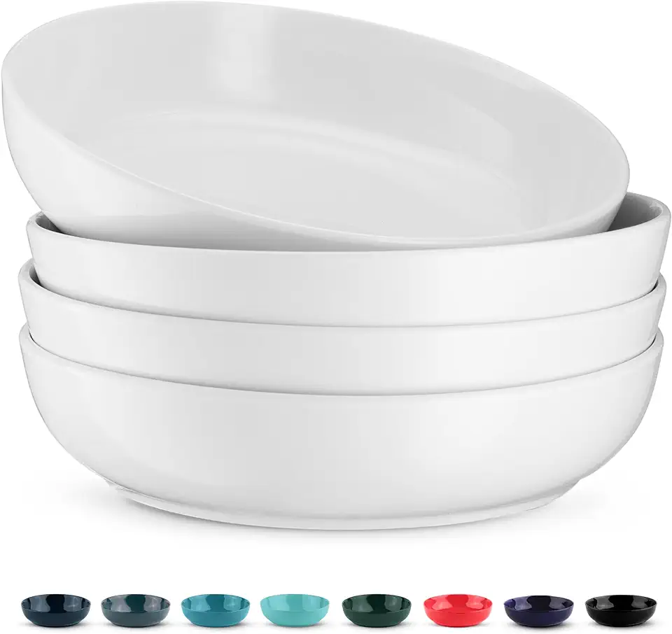 KooK Pasta Bowl, Salad Bowls, Bowls, Serving Bowls, Soup, Ceramic, Large Capacity, Microwave &amp; Dishwasher Safe, Set of 4, 40 Oz, (White)