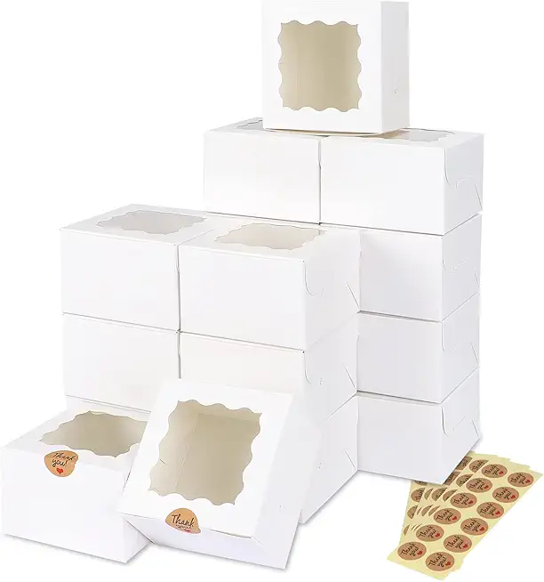 Moretoes 50pcs 4x4x2.5 Inches White Cookie Boxes with Window, Bakery Boxes, Small Treat Boxes, Mini Pastry Boxes for Dessert, Strawberries, Cake