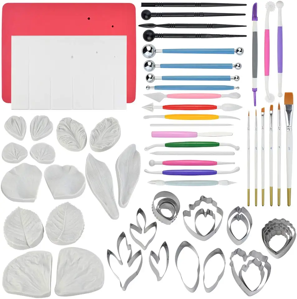 62pcs Gumpaste Flowers and Leaves Fondant Tool Leaf Tool Kit Gum Paste Flower Cutter Set Stainless Steel Flower Cutter Silicone Molds Foam Pad Veining Board Ball Tools Modelling Tools Brushes