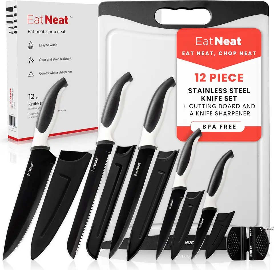 EatNeat 12 Piece Knife and Cutting Board Set: Premium Sleek Non-Stick Stainless Steel Chef Knife with Protective Sheaths &amp; Sharpener - Cooking Gifts Idea - Ergonomic Sharp Knives for Kitchen