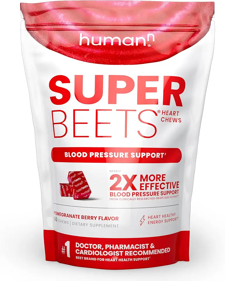 humanN SuperBeets Heart Chews, Nitric Oxide and Blood Pressure Support, Grape Seed Extract &amp; Non-GMO Beet Root Powder Energy Chews, Super Beets Heart Chews, Pomegranate Berry Flavor, 60 Count