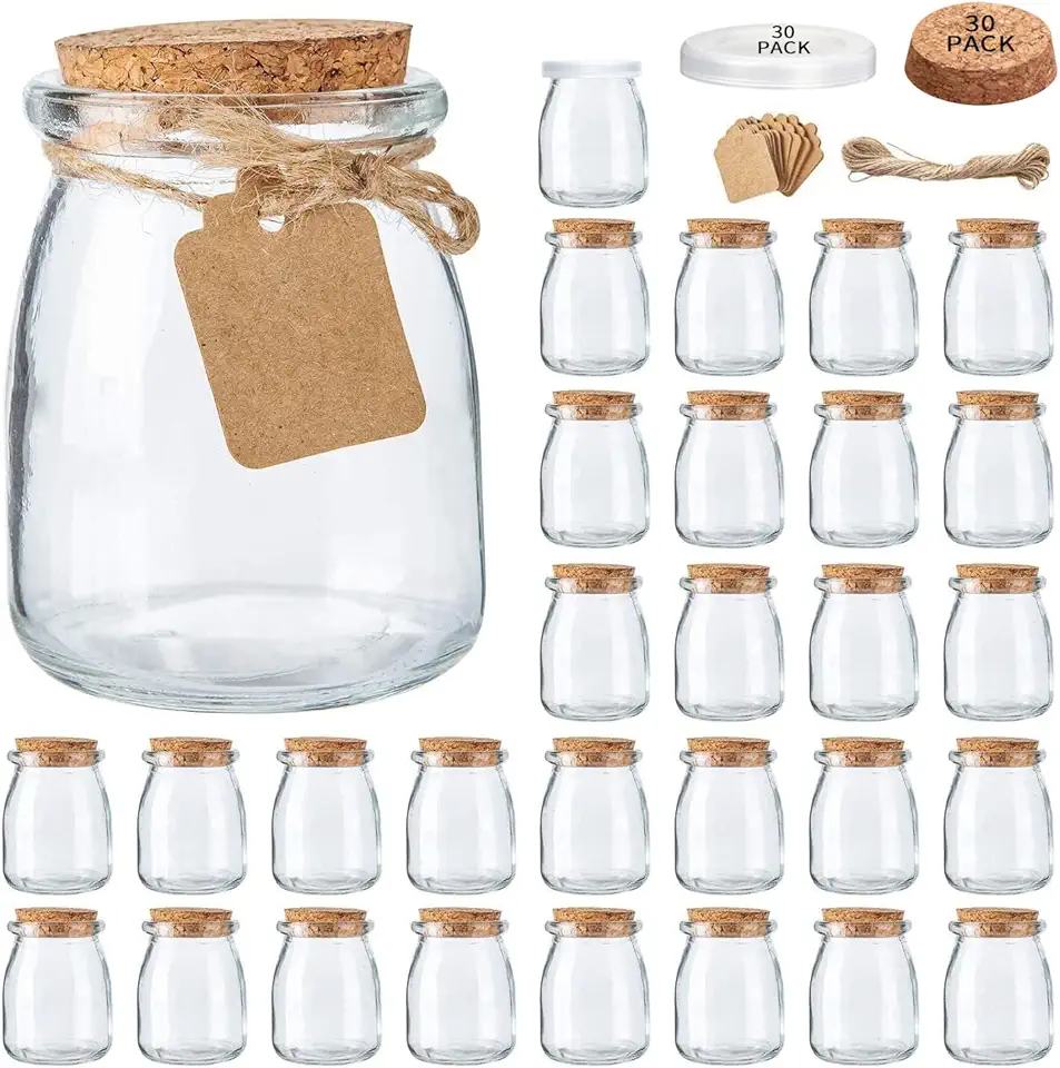 Brajttt Mini Yogurt Jars 30 Pack, 7 oz Glass Favor Jars with Cork Lids, Pudding Containers with Lids, Mason Jar Wedding Favors Honey Pot with Label Tags and String