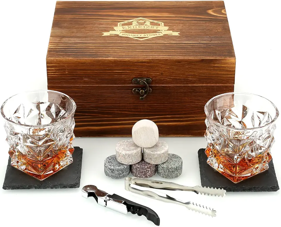 Whiskey Stones Gift Set - Whiskey Glass Set of 2 - Granite Chilling Whiskey Rocks - Scotch Bourbon Whiskey Box Set- Best Drinking Gifts for Men Dad Husband Birthday Party Holiday