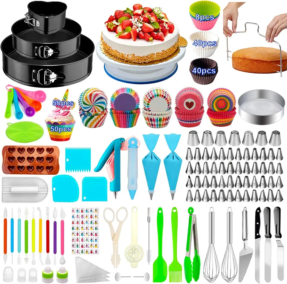 Cake Decorating Supplies,493 PCS Cake Decorating Kit 3 Packs Springform Cake Pans, Cake Rotating Turntable,48 Piping Icing Tips,7 Russian Nozzles, Baking Supplies,Cupcake Decorating Kit, Multicolor