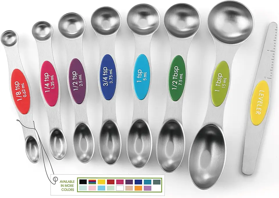 Spring Chef Magnetic Measuring Spoons Set with Strong N45 Magnets, Heavy Duty Stainless Steel Metal, Fits in Most Kitchen Spice Jars for Baking &amp; Cooking, BPA Free, Multicolor, Set of 8 with Leveler