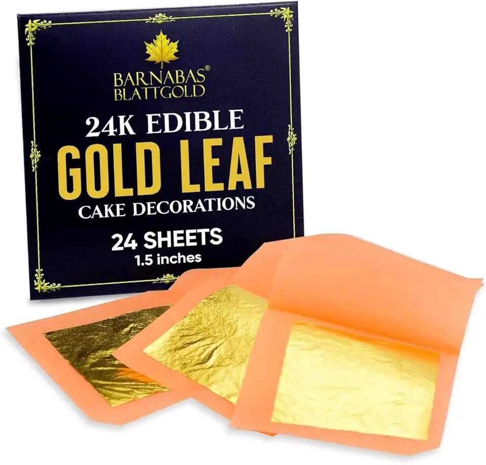 Edible Gold Leaf 24K by Barnabas Blattgold - Cake Decorations, Loose Gold Leaf Sheets for Cupcakes, 1.5 inches, Book of 24 Gold Foil Sheets