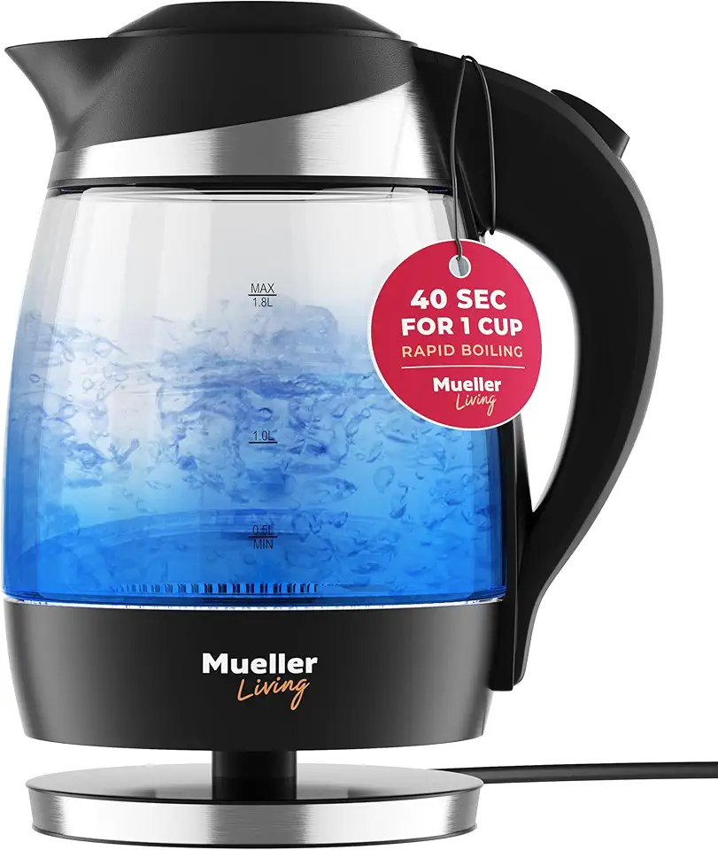 Mueller Ultra Kettle: Model No. M99S 1500W Electric Kettle with SpeedBoil Tech, 1.8 Liter Cordless with LED Light, Borosilicate Glass, Auto Shut-Off and Boil-Dry Protection