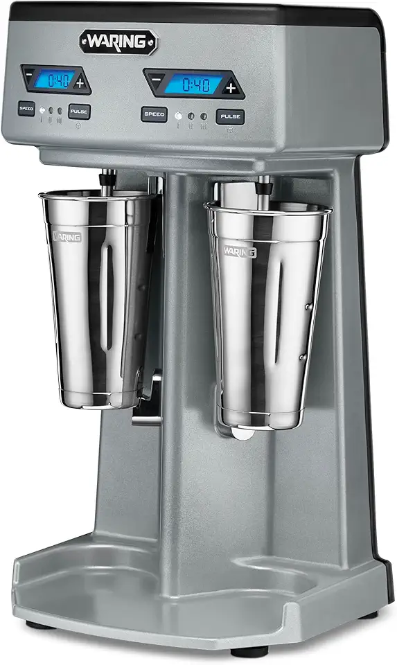 Waring Commercial WDM240TX Heavy-Duty Double Spindle Drink Mixer, Each Spindle Has Independent 1hp Motor, with Countdown Timer, Digital Display, Automatic Start/Stop, 120V, 5-15 Phase Plug, Silver