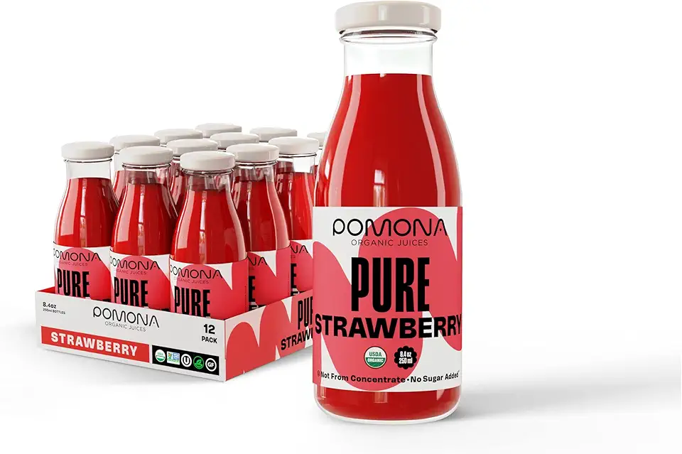 Pomona Organic Strawberry Juice (Pack of 12), Cold Pressed USDA Organic Juices with 100% Strawberries, No Added Sugar, Not From Concentrate, Vegan, Kosher, Non GMO, Pasteurized, 8.4 oz Glass Bottles