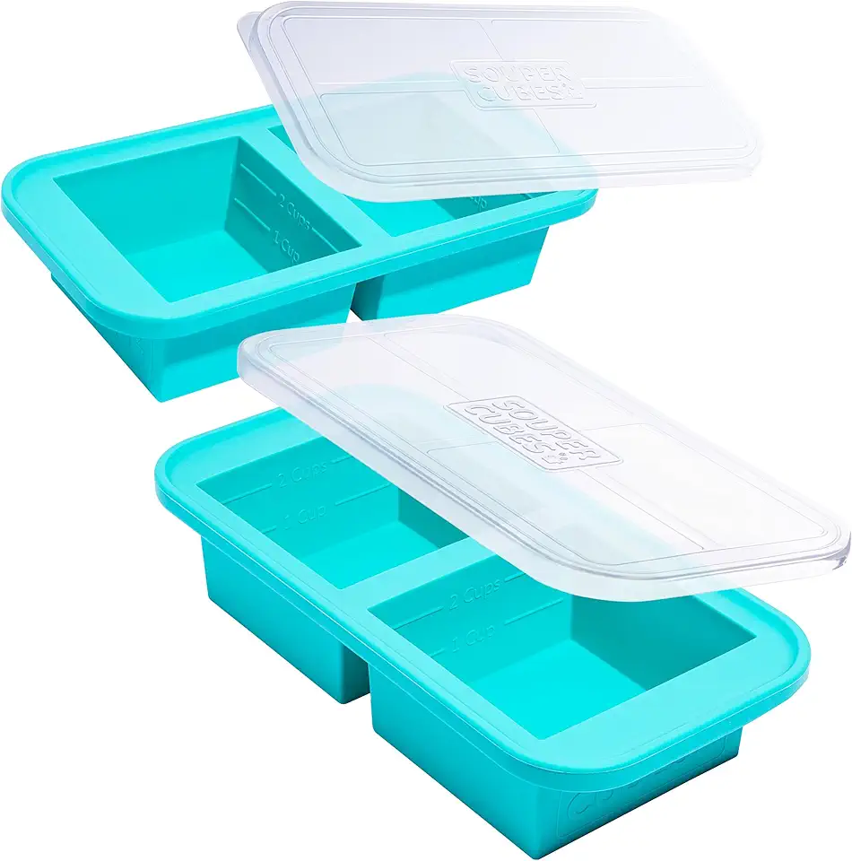 Souper Cubes 2 Cup Silicone Freezer Molds With Lids - Easy Meal Prep Container - Silicone Freezer Trays With Lid for Food, Stocks and More, Silicone Soup Freezer Molds - Aqua - 2-Pack