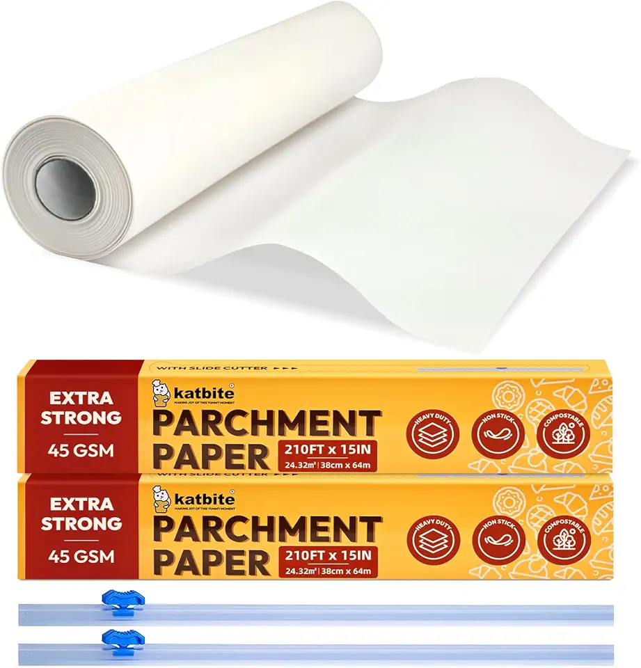 Katbite Parchment Paper Roll for Baking, 2 Pack of 15 in x 210 ft, Heavy Duty Cooking Paper for Baking Bread, Cookies, Non-stick for Oven, Air Fryer, Steamer, Heat Press with 2Pcs of Slide Cutter