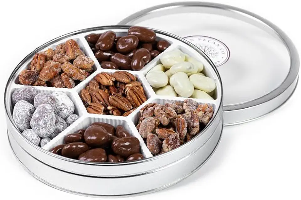 Pecan Gift Tin - 2 lbs | Seventh Heaven | Top 7 Flavored &amp; Chocolate Pecans | Millican Pecan since 1888 | Milk &amp; White Chocolate - Amaretto - Toffee - Roasted &amp; Salted - Honey Roasted - Praline