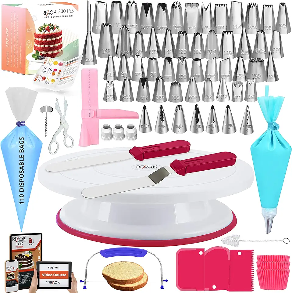 RFAQK 200PCs Cake Decorating Kit for Beginners with Turntable for Decoration - Piping Bags and Tips Set (110+55), Straight &amp; Offset Spatula, Leveler, Video Course, Pattern Chart &amp; More Baking Supplies