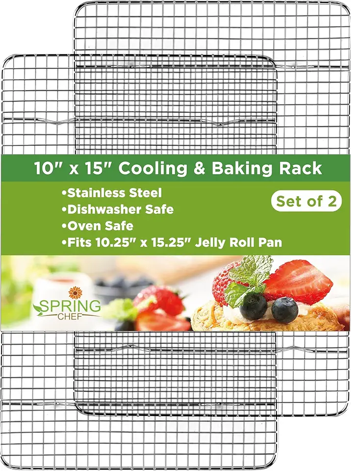 Spring Chef Cooling Rack &amp; Baking Rack - 100% Stainless Steel Cookie Cooling Racks, Wire Rack for Baking, Oven Safe 10 x 15 Inches Fits Jelly Roll Pan - Cooling Racks for Cooking and Baking, Set of 2