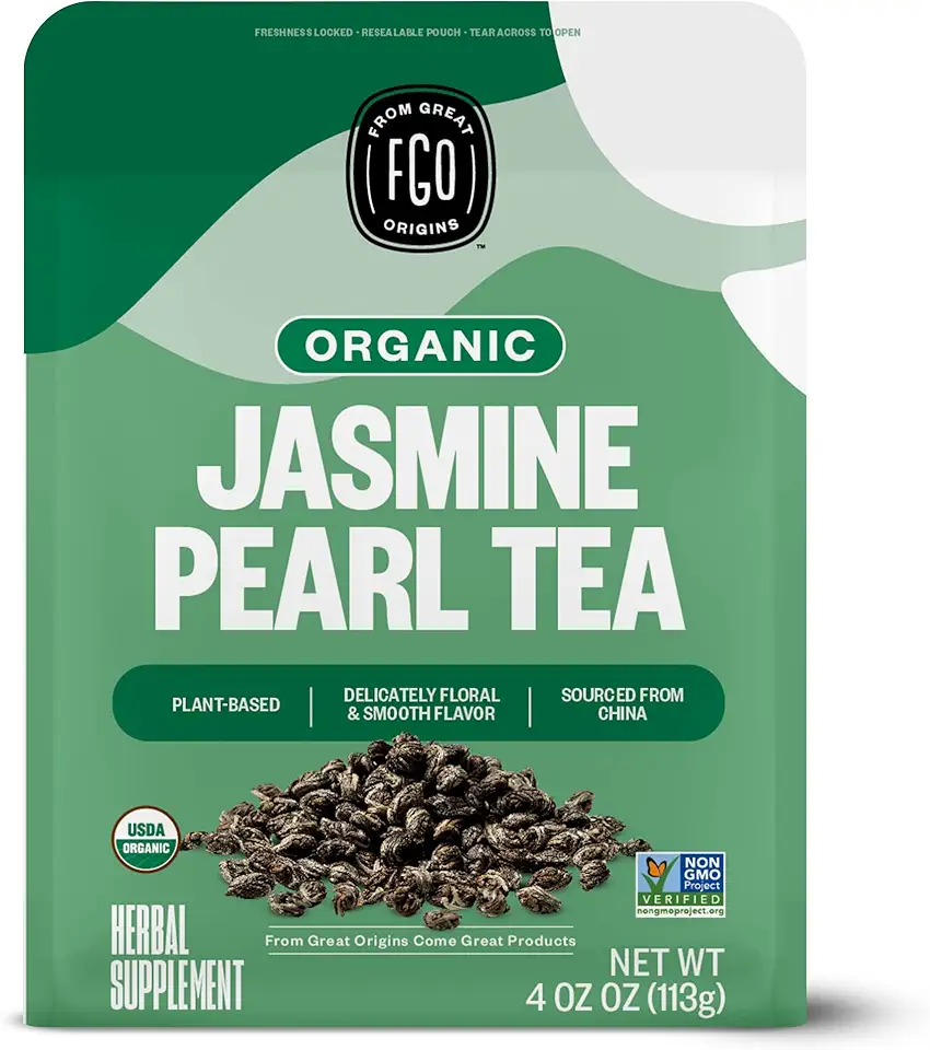 FGO Organic Jasmine Pearls Green Loose Tea, Resealable Kraft Bag, 4oz, Packaging May Vary (Pack of 1)