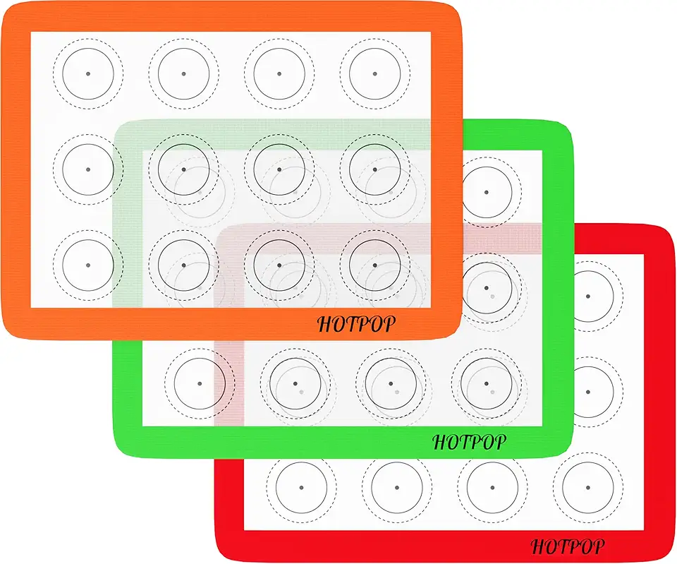 HOTPOP Silicone Baking Mats 0.75mm - Non-Stick Silicone Sheets for Bake Pans &amp; Rolling with Outlines for Pastries - Silicone Baking Sheet - Macaron/Pastry/Cookie/Bun/Bread Making (3 QUARTER SIZE)