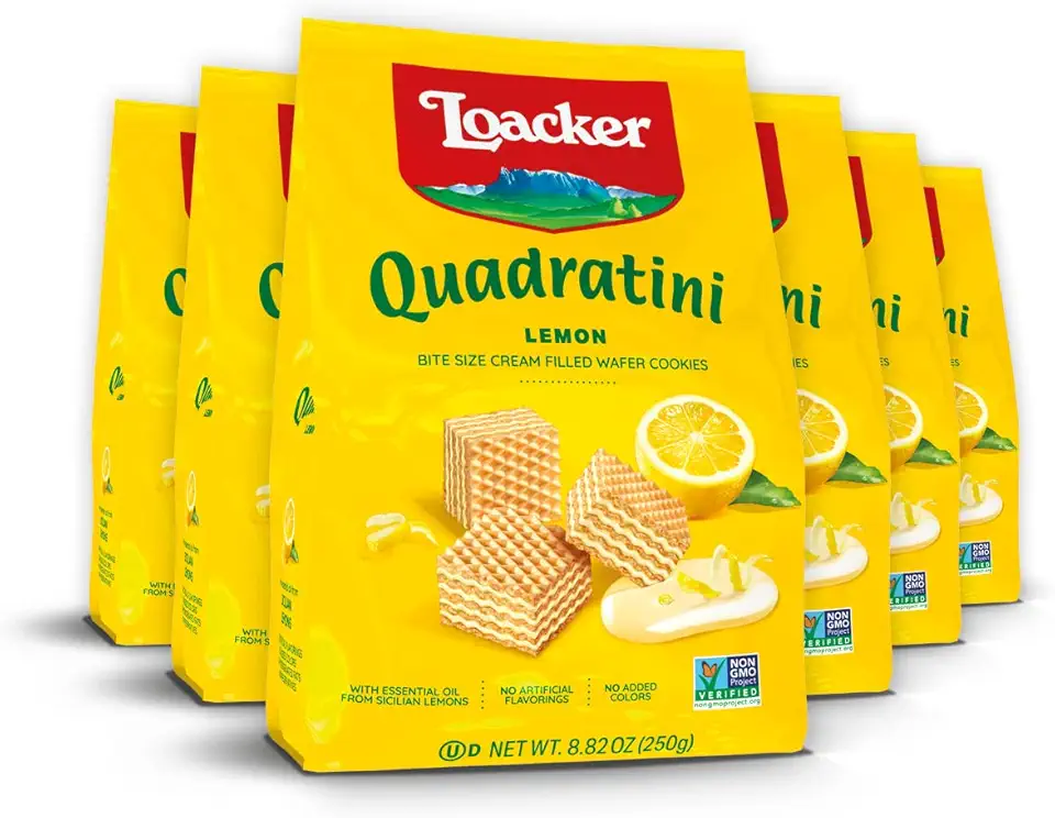 Loacker Quadratini Lemon Wafer Cookies LARGE - Premium Crispy Bite Size Wafers - 30% Less Sugar - NON-GMO - LARGE Pack of 6