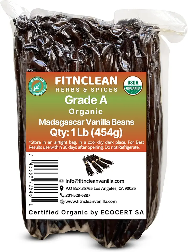 1Lb Organic Madagascar Vanilla Beans Grade A. Certified USDA Organic. 7&quot;-8&quot; by FITNCLEAN VANILLA for Chefs, Cooking, Extract. 16oz Bourbon Fresh NON-GMO Whole Gourmet Pods