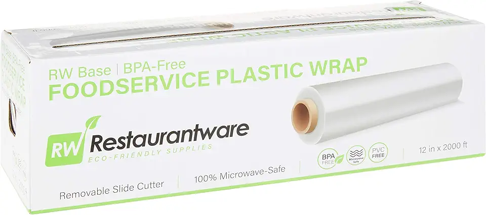 Restaurantware RW Base 12 Inch x 2000 Feet Cling Wrap 1 Roll Microwavable Cling Film - With Removable Slide-Cutter Clear Plastic Food Wrapping Film Securely Seal And Keep Food Fresh