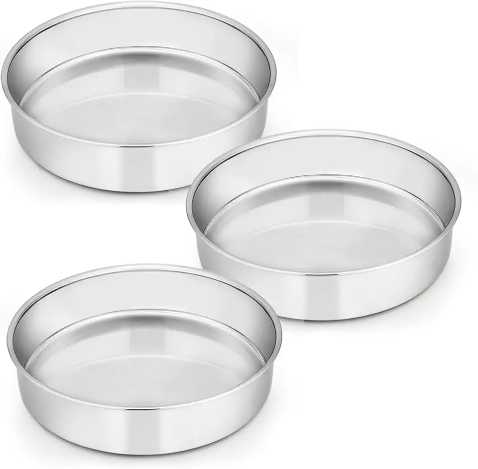 E-far 8 Inch Cake Pan Set of 3, Stainless Steel Round Layer Cake Baking Pans, Non-Toxic &amp; Healthy, Mirror Finish &amp; Dishwasher Safe